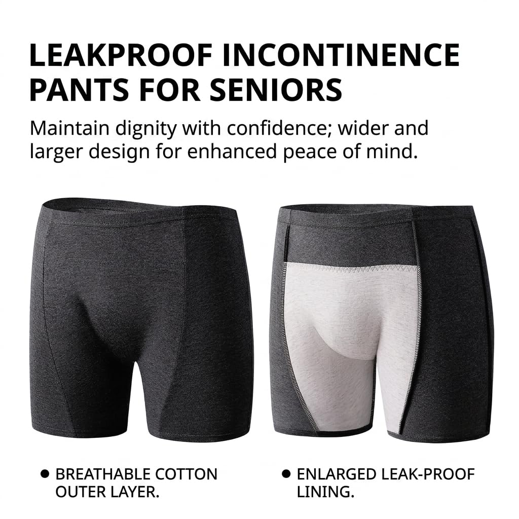 Washable Incontinence Boxer Briefs – Leakproof Protective Underwear for Seniors, Reusable Absorbent Urinary Protection Shorts for Elderly