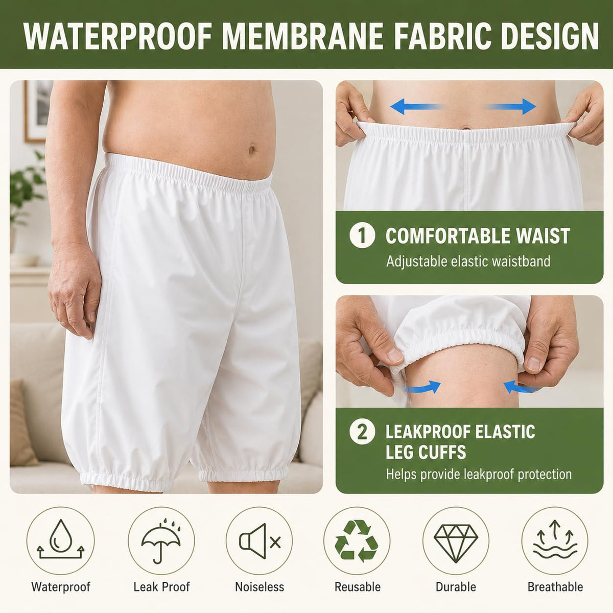 LEEMOOCARE Washable Waterproof Adult Diaper Cover Shorts